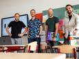 Dennis Visser, Jan-Douwe van der Neut, Robin Knipping en Remco van Steenveldt (van links naar rechts) op De Elstar in Elst. De school telt 11 mannelijke leerkrachten, dat is bovengemiddeld veel. ,,We zijn echt een hecht team.”