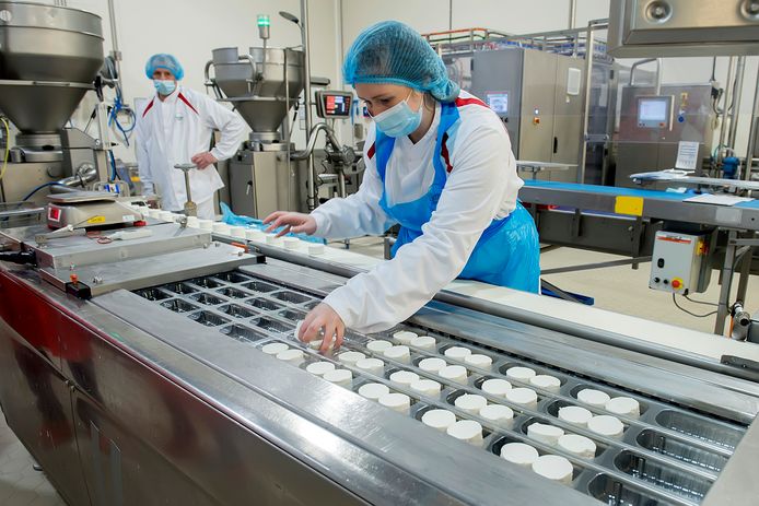 Het bedrijf Bettinehoevefabrikant van geitenkaas. de verpakkingsafdeling van de geitenkaasjes.