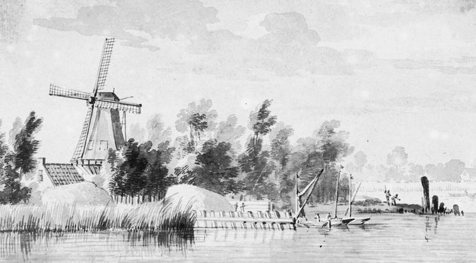 Van molen De Ruiter zijn geen goede foto’s bekend. Deze tekening van vermoedelijk Aart Schouman dateert van 1736.