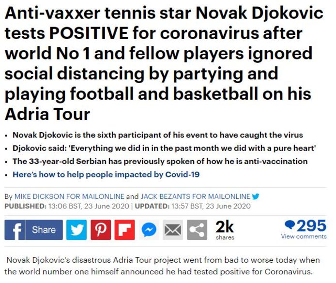 Daily Mail over Djokovic: "De manier waarop hij met het virus is omgegaan, was zeer controversieel.”