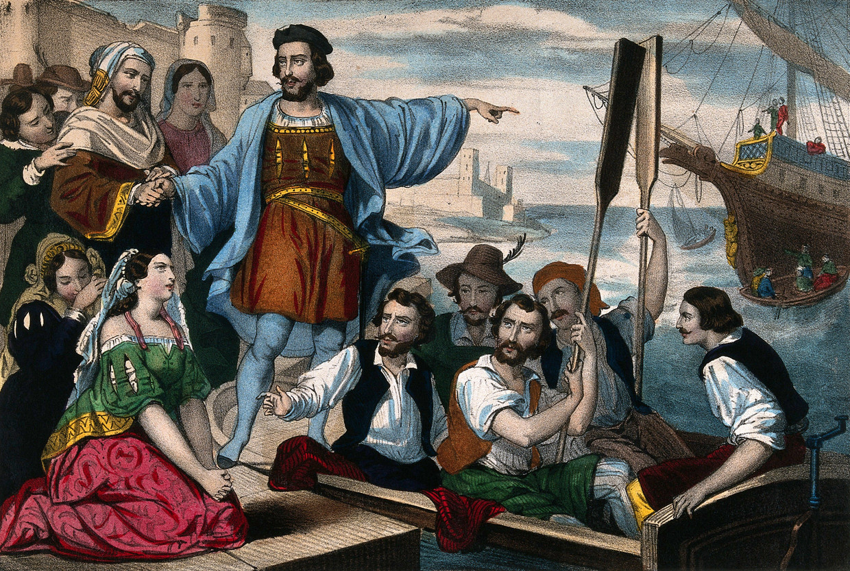 Christoffel Columbus bij het inschepen voor de reis die hem naar Amerika zou  brengen in 1492.  Beeld Wikimedia Commons
