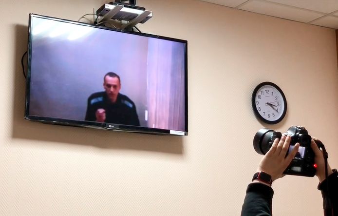 Navalny eind vorige maand op videoverbinding voor een rechtbankzitting.