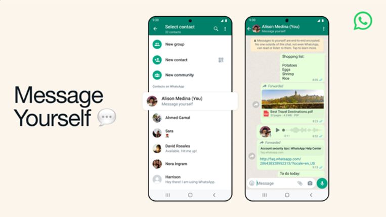 Message Yourself-functie, WhatsApp  Beeld WhatsApp