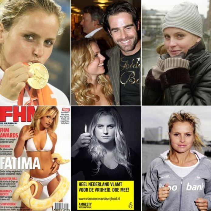 Fatima Moreira de Melo, met de klok mee, als hockeyster met olympisch goud, als vriendin van Raemon Sluiter, als zangeres, op de cover van FHM, voor een Amnesty-campagne en in een Rabobank-reclame. fotomontage GPD