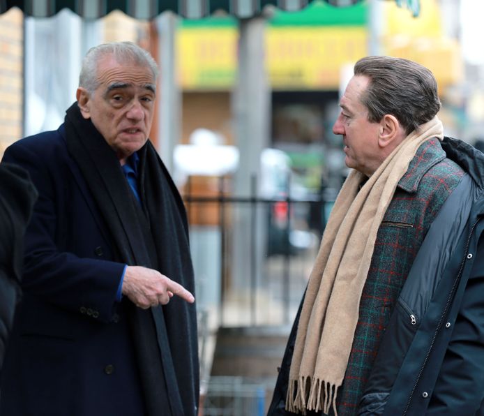 Robert De Niro en Martin Scorsese op de set van 'The Irish Man'.
