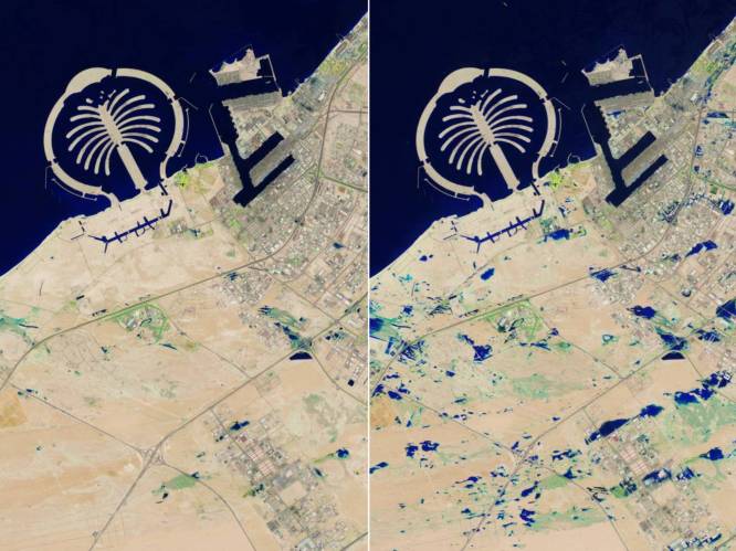 Voor en na: NASA toont met satellietbeelden impact van zwaarste overstromingen ooit in Dubai