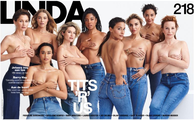 De topless-cover van Linda, met Romy Monteiro links zittend.  Beeld Linda.