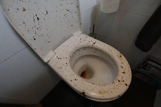De smeerboel op het toilet nadat er een lading poep omhoog kwam in een Eindhovense woning. Foto Kees Martens.