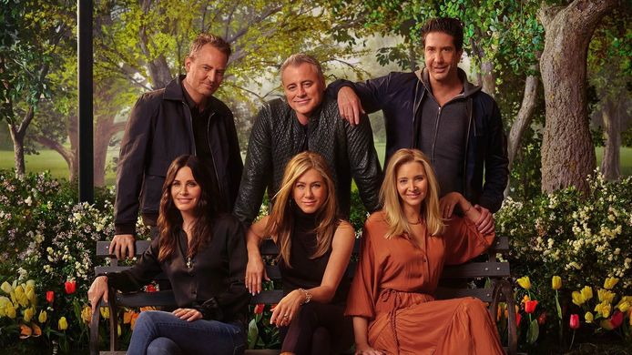 Matthew Perry, Matt LeBlanc, David Schwimmer, Courteney Cox, Jennifer Aniston en Lisa Kudrow in de reünie van 'Friends'.