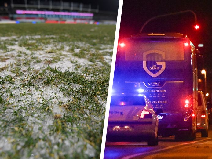 De spelersbus van KRC Genk trok terug naar Limburg nadat het veld in Oostende onspeelbaar werd verklaard.