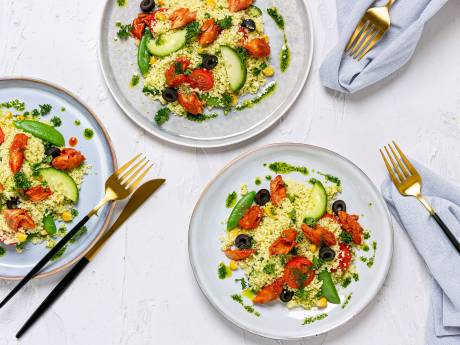 Wat Eten We Vandaag: Pittige makreelcouscous met sugar snaps