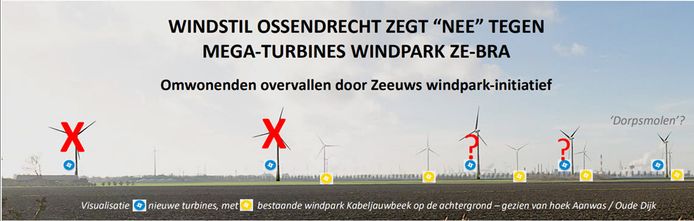 Windstil Ossendrecht wil geen 5, geen 3, maar slechts 1 windmolen van het ZE-BRA-windpark in de eigen polders toestaan. De twee oostelijke turbines zijn geschrapt, Windstil wil er nog twee weg hebben en slechts één ‘dorpsmolen’ behouden.