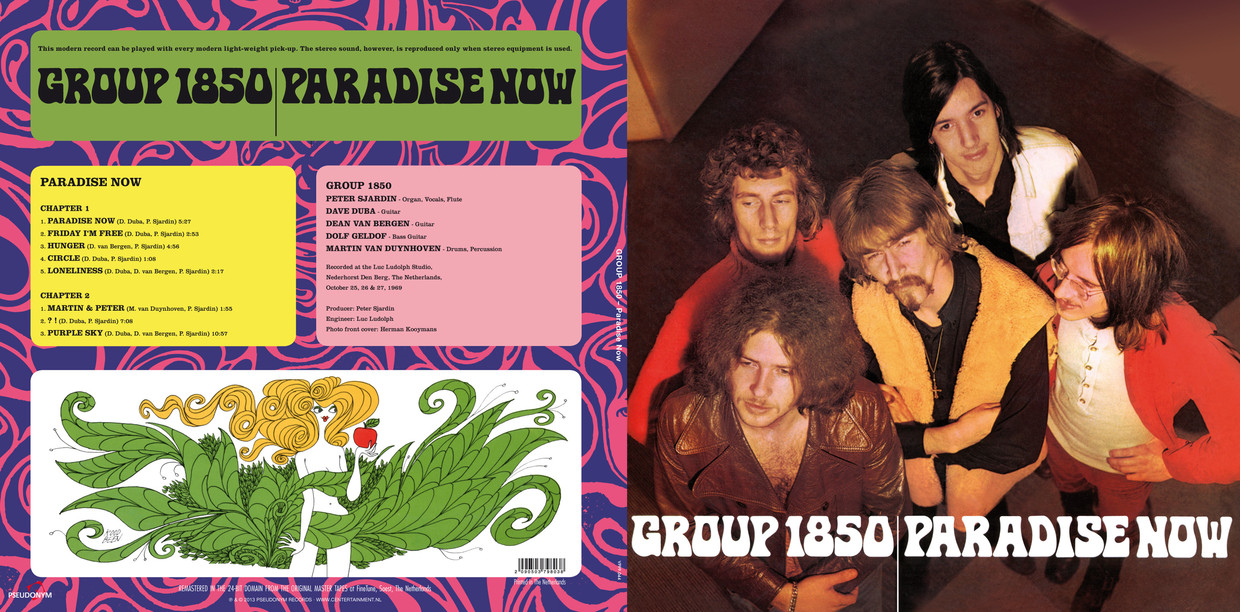 Platenhoes van het album Paradise Now.  Linksboven Martin van Duynhoven (drums), rechtsboven Dolf Geldof (bas). Tweede rij Dave Duba (gitaar en drums), Dean van Bergen (gitaar) en Peter Sjardin (zang, pauken, toetsen en zingende zaag). Beeld 