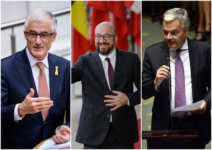 Vlnr. Vlaams minister-president Geert Bourgeois (N-VA), federaal premier Charles Michel (MR) en minister van Buitenlandse Zaken Didier Reynders (MR).