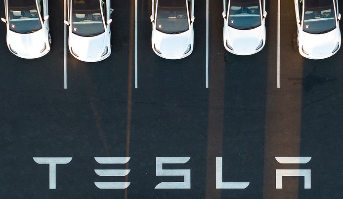 Wagens van Tesla geparkeerd aan de Tesla-fabriek in California, in de Verenigde Staten.