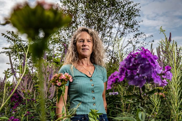 Herma Schmutzler in haar kleurrijke Theetuin in het buitengebied tussen Deventer en Olst.