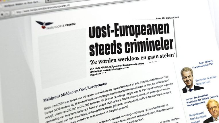 creenshot van de website met het meldpunt van de PVV voor mensen die klachten hebben over Midden- en Oost-Europeanen. Beeld anp