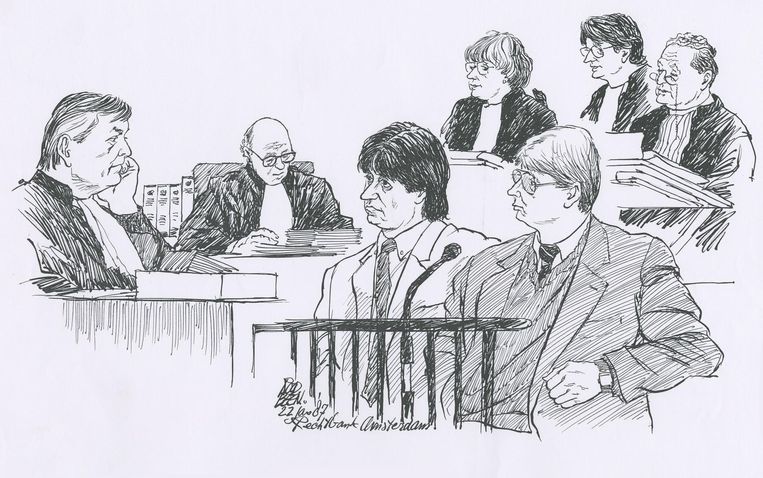 Willem Holleeder en Cor van Hout, 22 januari 1987, in de zaak over de ontvoering van Freddy Heineken en Ab Doderer. Beeld Chris Roodbeen