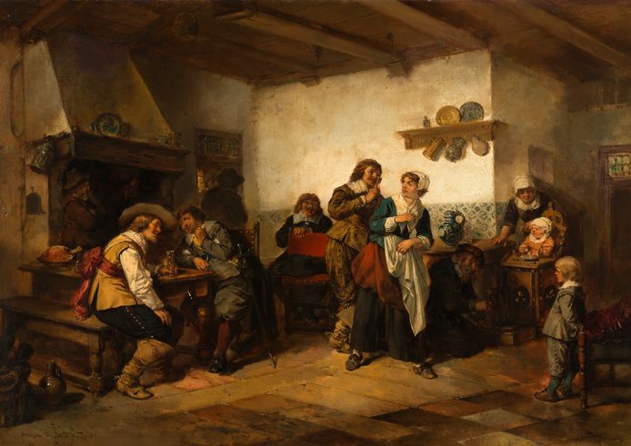 Het schilderij vóór restauratie. Rechts het jochie en de man op de grond.