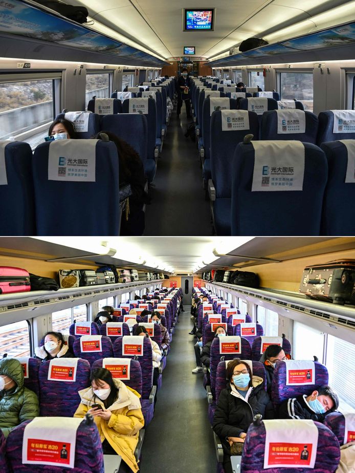 Personnes dans un train presque vide à l'approche du nouvel an lunaire entre Shanghai et Wuhan le 23 janvier 2020, et en bas, des passagers dans un train bondé le 20 janvier 2023.