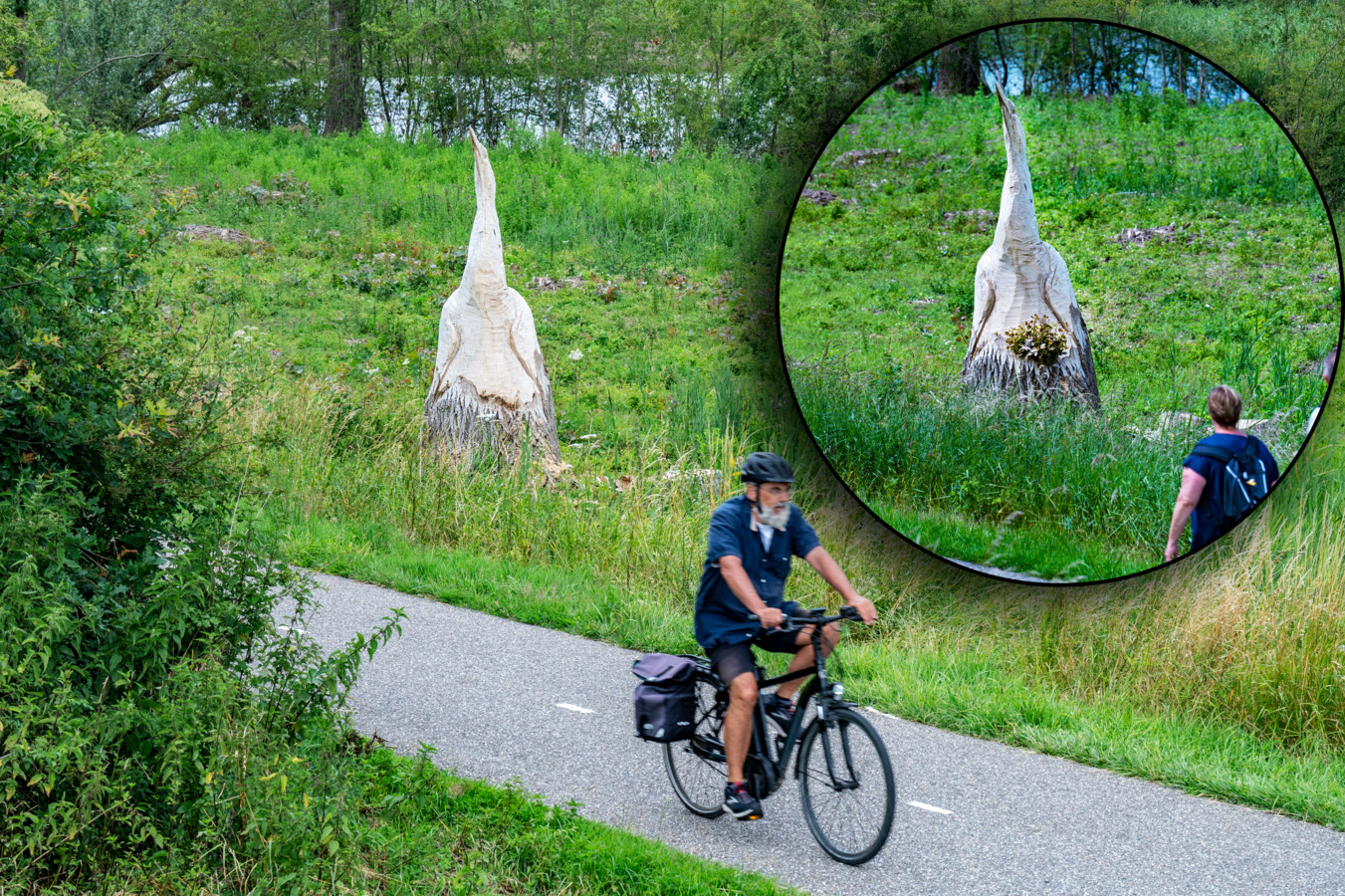 De houten roerdomp naast het fietspad tussen Leuth en Persingen. Inzet: het beeld voor de snoeibeurt