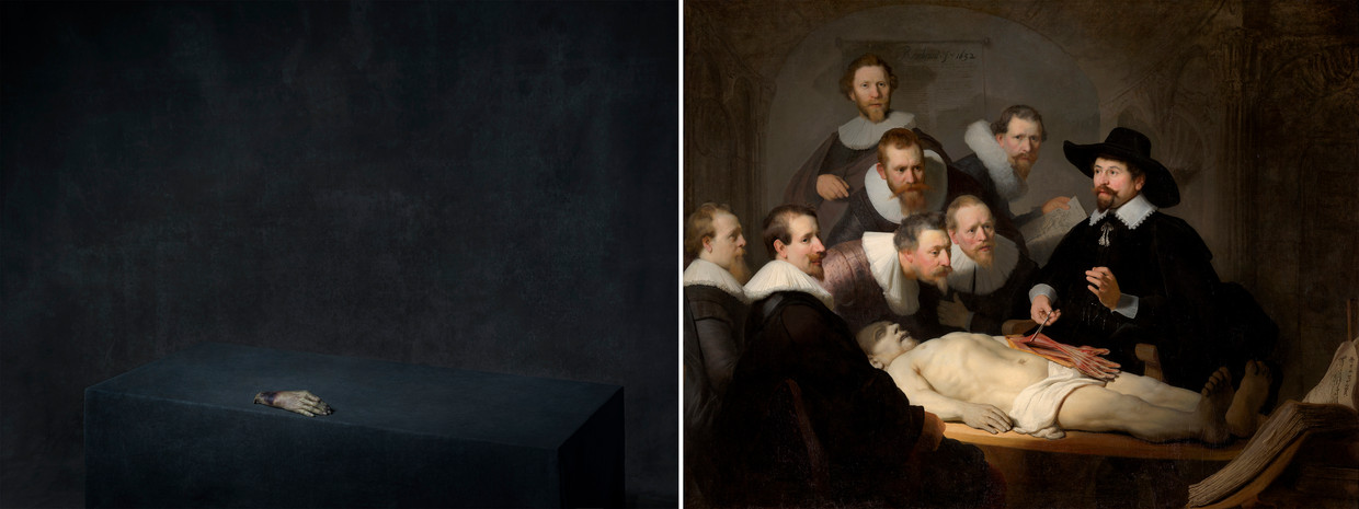 Stephan Van­fleteren raakte in de ban van de afgehakte hand van de dief op Rembrandts 'Anatomische les van Dr. Nicolaes Tulp'.  Beeld Stephan Vanfleteren/Rembrandt