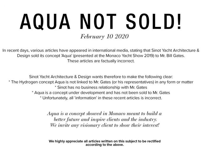 Sinot bericht op hun site dat ze jacht Aqua niet hebben verkocht.
