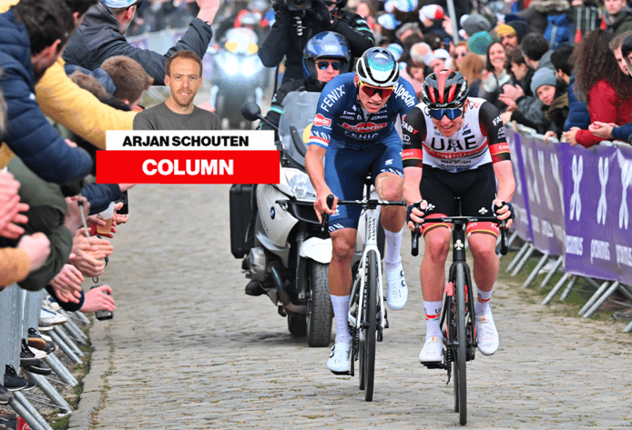 Mathieu van der Poel en Tadej Pogacar tijdens de Ronde van Vlaanderen van vorig jaar.