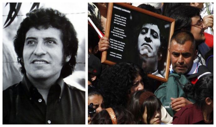 Links: Victor Jara (1932-1973). Rechts: Foto van de herbegrafenis van Jara in 2009.