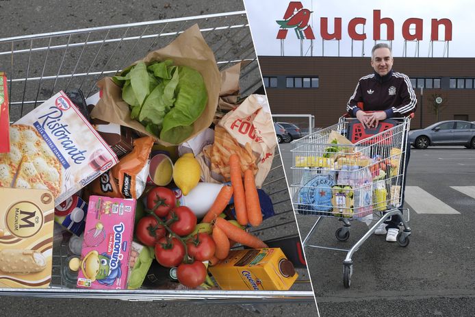 Ook in een warenhuis van het Franse Auchan vulde onze reporter zijn winkelkar met 50 droge en verse voedingswaren.