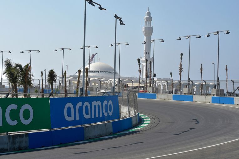 Het Jeddah Corniche Circuit vormt het decor voor de GP van Saudi-Arabië, komende zondag. Beeld AFP