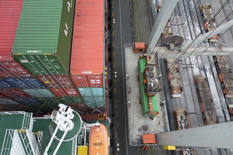 Vrachtcontainers worden gelost van de 'CSCL Saturn' van China Shipping, aan de kade van de Delta terminal van Europe Container Terminals (ECT), in de Rotterdamse haven.  Beeld ANP 