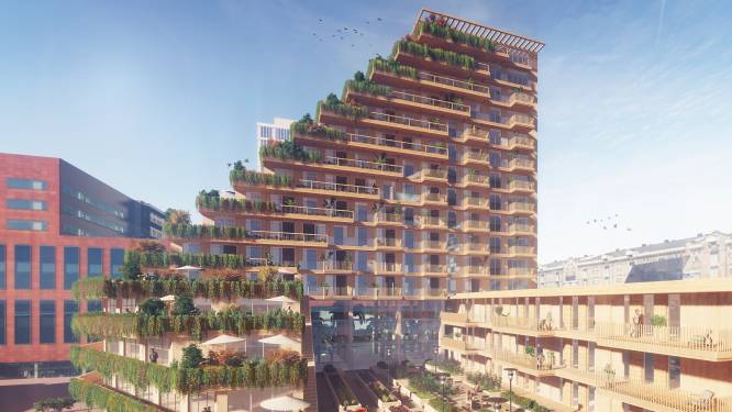 Het is helemaal van hout, terrasvormig, hoog en groen en nu te koop: een huis in wooncomplex Sawa