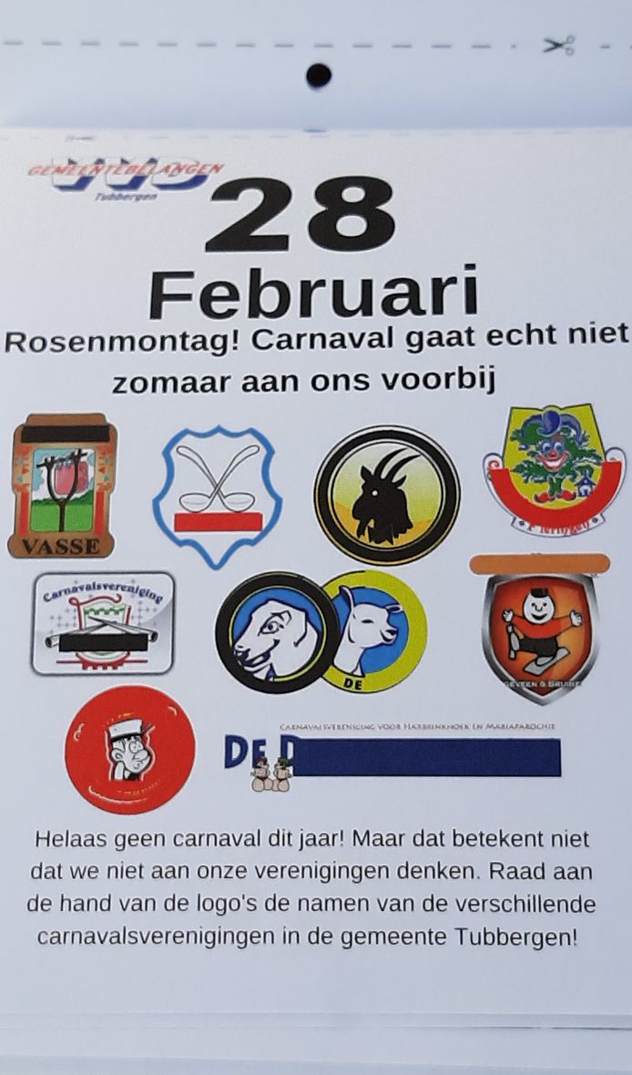 Pagina van de grote Tubbergse politieke scheurkalender vol logo's van carnavalsverenigingen.