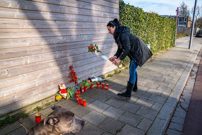 A local resident lays flowers at a memorial site for the deceased delivery man in Hoogvliet.
