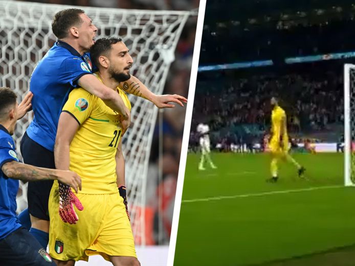 Giovanni Di Lorenzo et Andrea Belotti sprintent vers Gianluigi Donnarumma, qui ne comprend alors pas que l'Italie est championne d'Europe