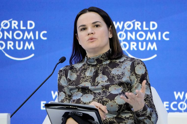 De Belarussische oppositieleider Svetlana Tichanovskaja sprak op het World Economic Forum in Davos dit jaar. Beeld AP