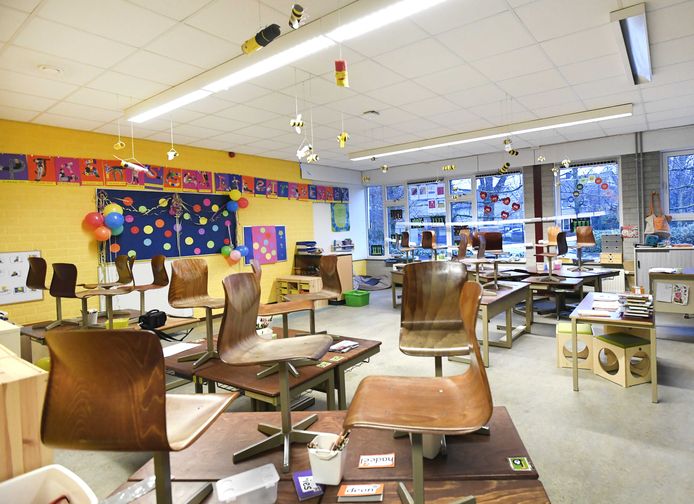 Een leeg klaslokaal op een basisschool.