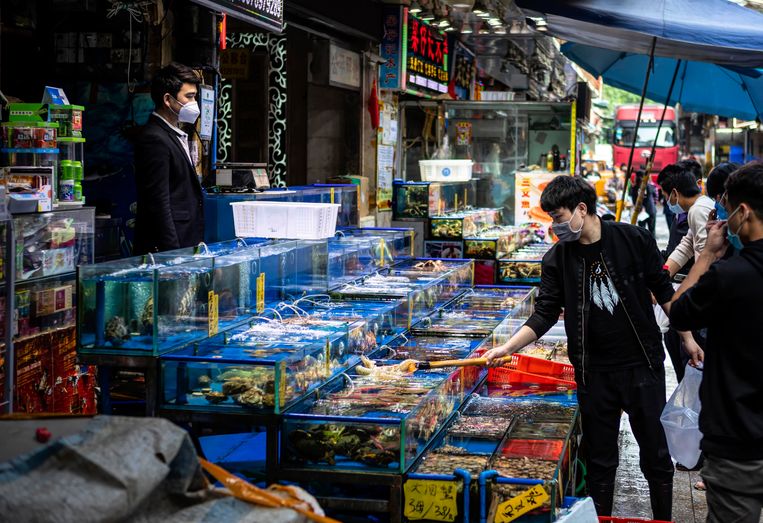 Op de vismarkt in Guangzhou in China loopt iedereen nu met mondkapjes. Voor de uitbraak van het coronavirus waren op deze markt ook tal van exotische wilde dieren en reptielen, waaronder krokodillen, te koop om op te eten. Nu zijn die verdwenen. 
 Beeld  EPA/ALEX PLAVEVSKI