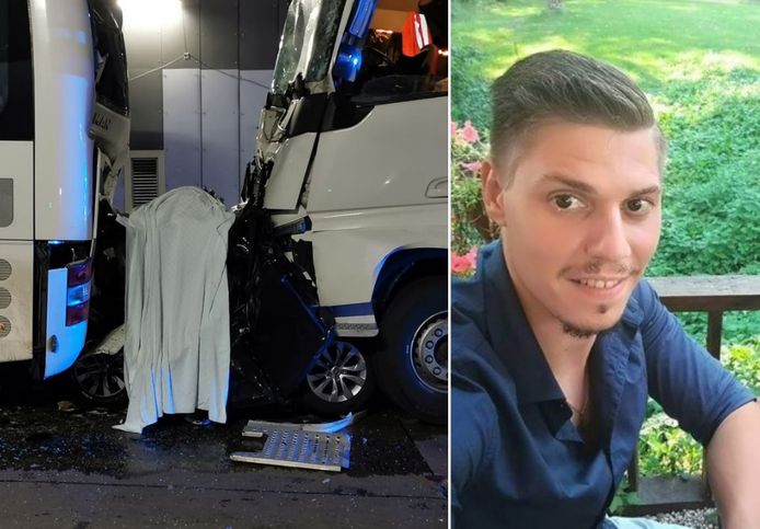 De auto van Giovani Moşoiu (rechts) werd verpletterd door de zware truck van de Bulgaarse chauffeur. Een tweede slachtoffer kwam om in de pendelbus.