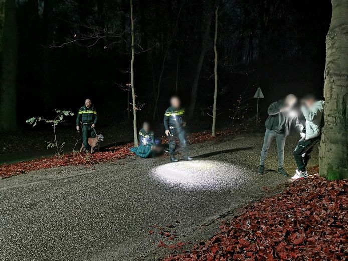 De politie hield verschillende feestgangers in het bos tussen Renkum en Wageningen aan na een illegaal feest.