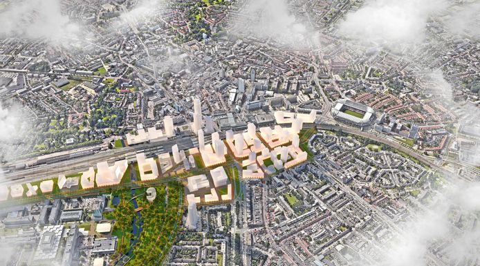 Impressie van de ontwikkelingen in het Eindhovense stationsgebied de komende twintig jaar.