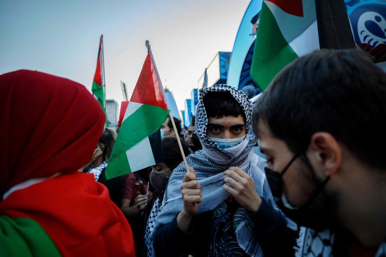 Betogers zwaaien met Palestijnse vlaggen in mei in Toronto (Canada) om steun te betuigen aan het Palestijnse volk. Beeld AFP
