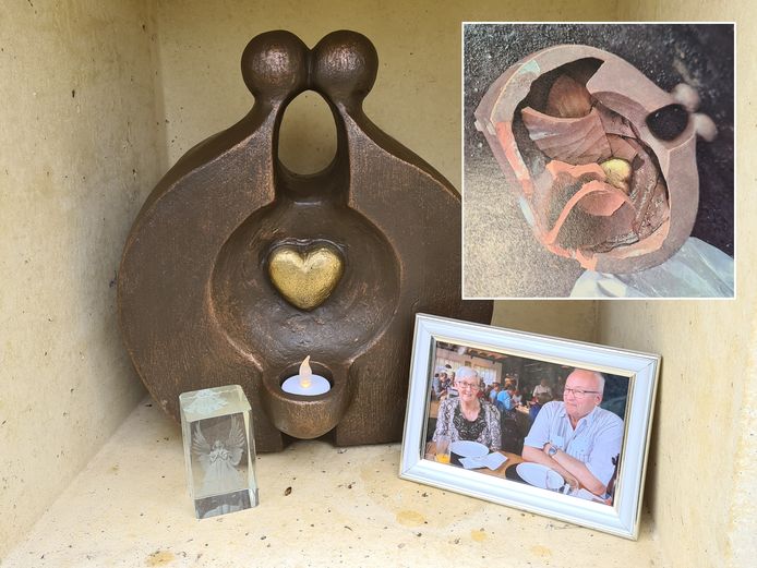 De urn van de ouders van Paula Wijfje, Piet (81) en Leny (83), voor de diefstal. Rechts in het kader: de urn na de diefstal.