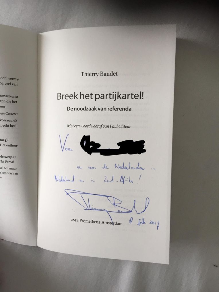 Een door Thierry Baudet gesigneerd exemplaar van zijn boek voor Erkenbrander Sam van der Hyden. Beeld .