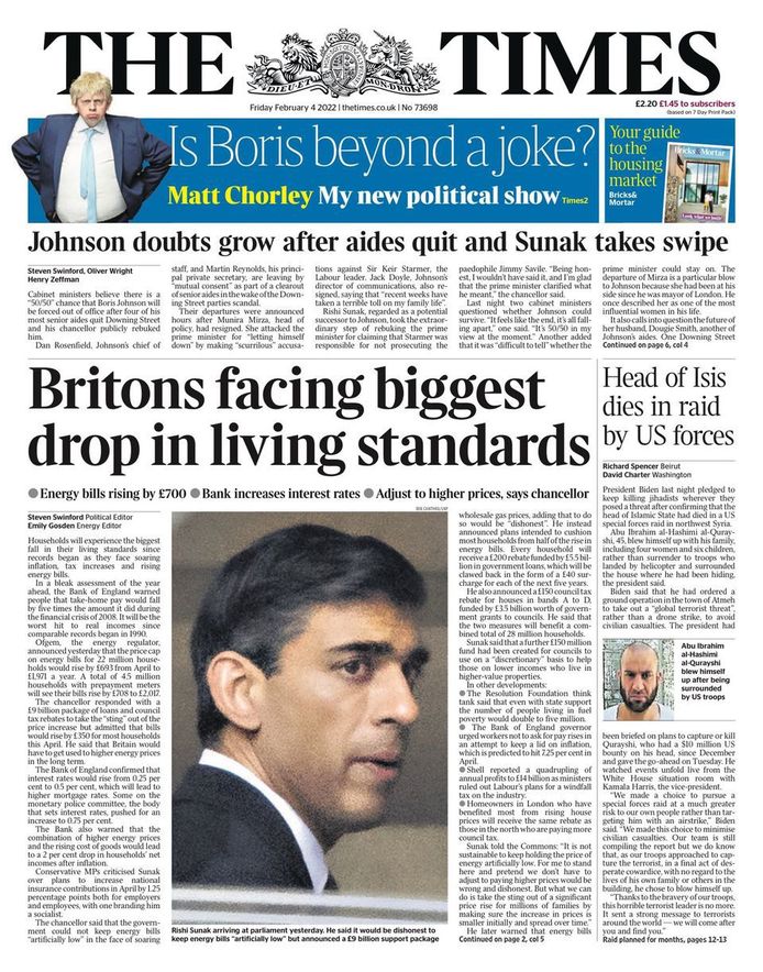The Times: "Johnson doubts grow after aides quit"