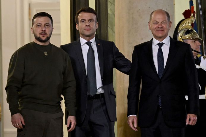 Volodymyr Zelensky, Emmanuel Macron et Olaf Scholz