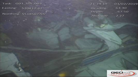 Een door Britse autoriteiten vrijgegeven foto van het vliegtuigwrak op de bodem van de Noordzee.