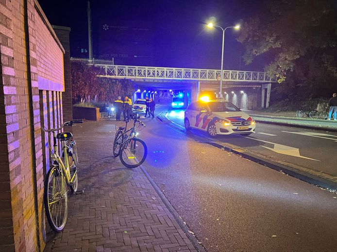 Politieagenten ontfermen zich over één van de fietsers die vannacht in Deventer tegen het asfalt smakten.