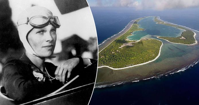 Amelia Earhart en het beeld dat ze moet gezien hebben net voor ze neerstortte, als de hypothese van Richard Gillespie klopt: Gardner Island.